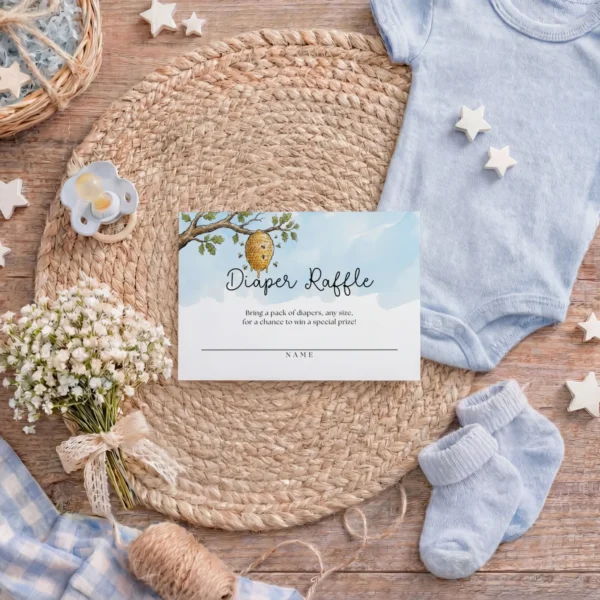 Winnie the Poon Blue Baby Shower Diaper Raffle Card Canva Template preview