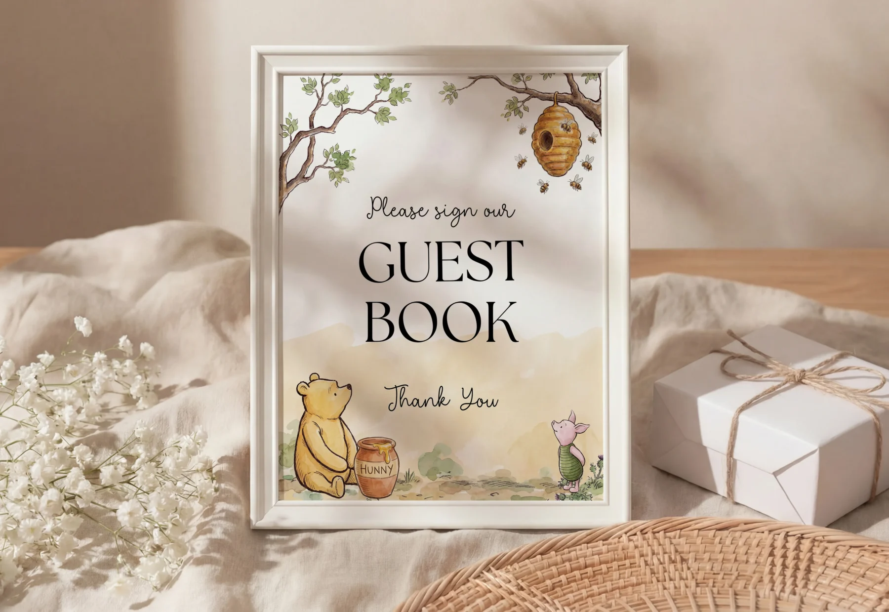 Winnie Beige Baby Shower Sign Canva Template detail 2