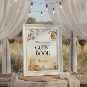 Winnie Beige Baby Shower Sign Canva Template preview