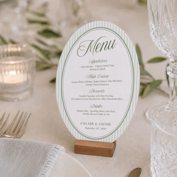 Green Stripes Wedding Menu Canva Template preview
