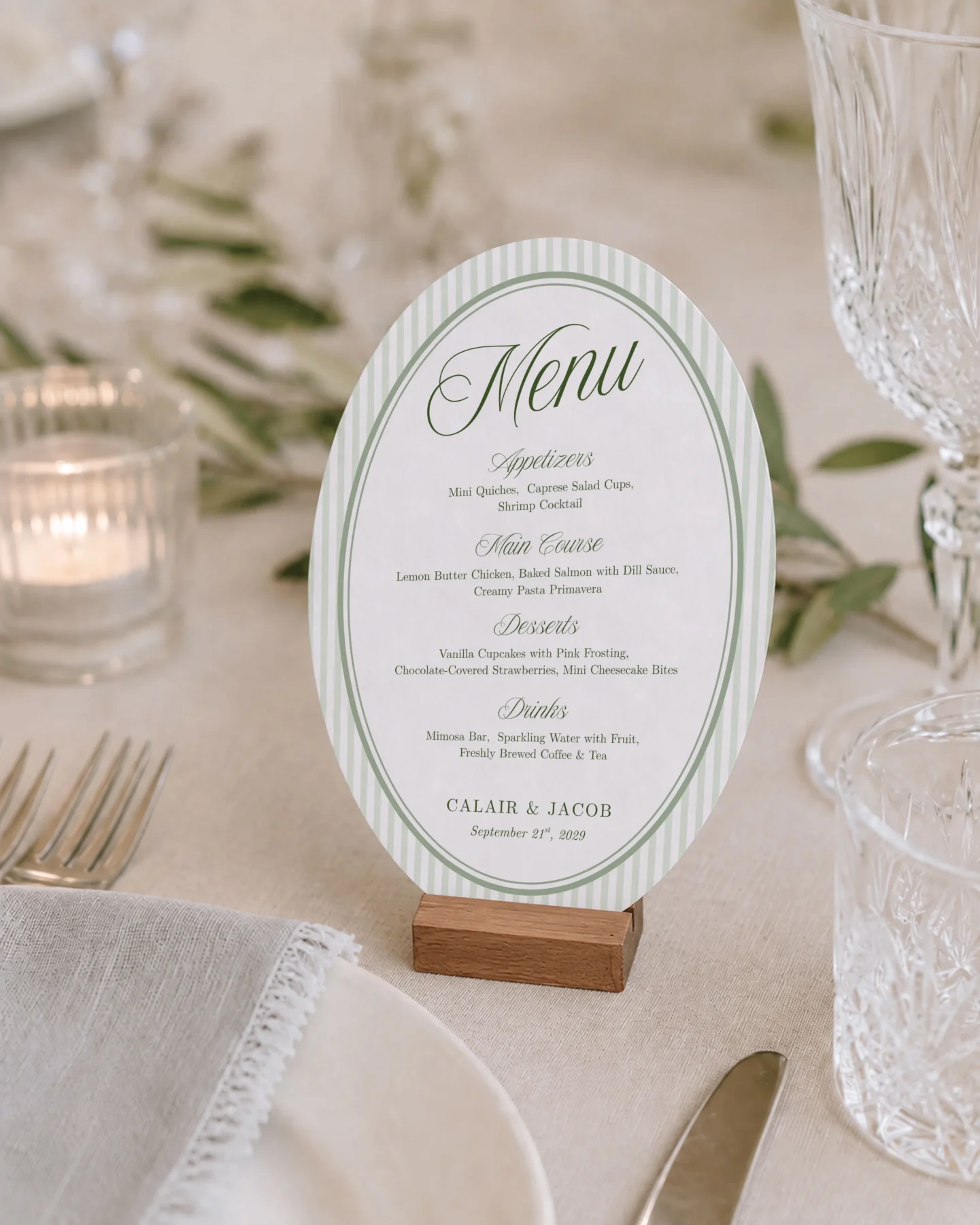 Green Stripes Wedding Menu Canva Template preview