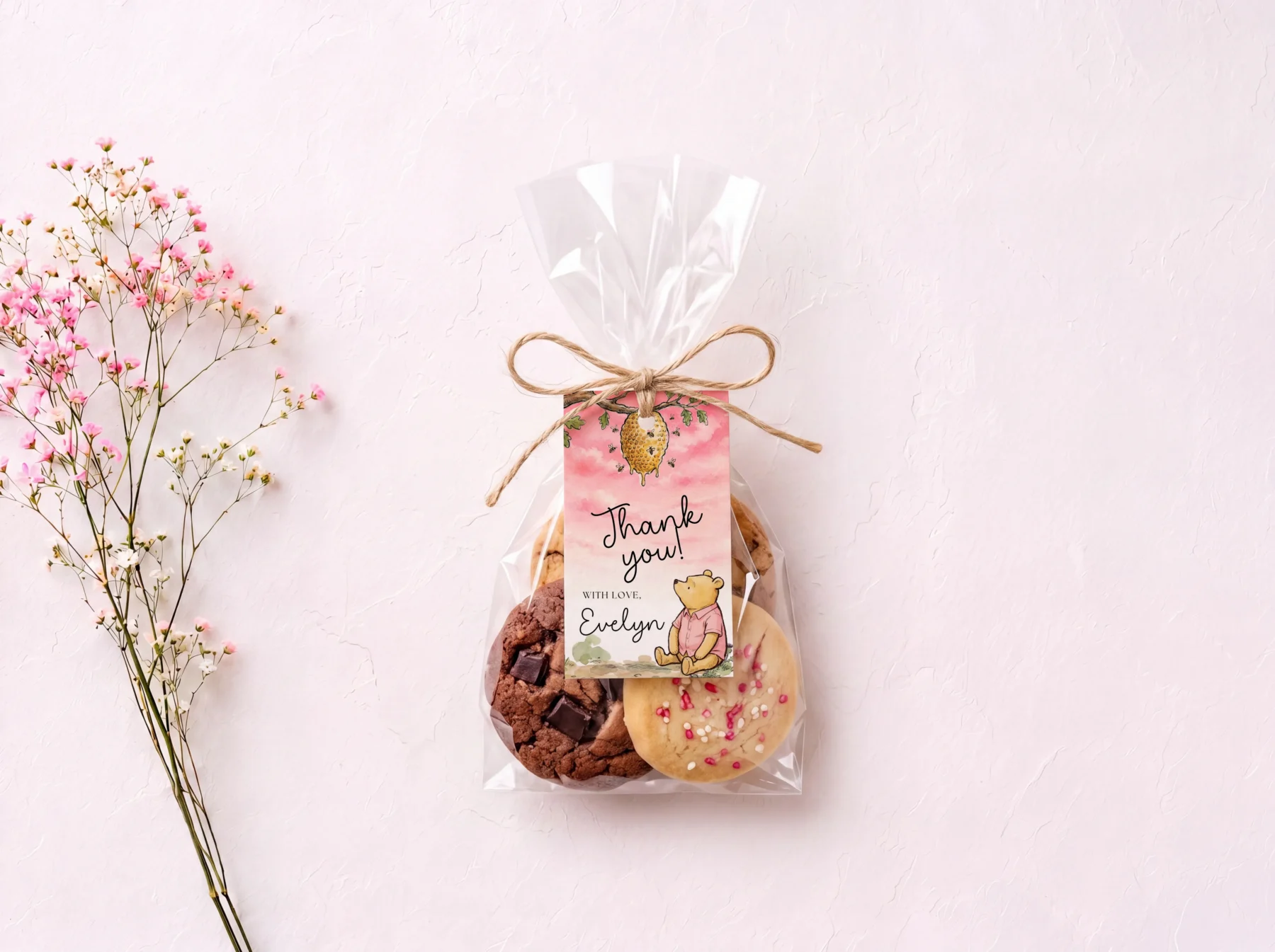 Winnie Pink Baby Shower Gift Tag Canva Template preview