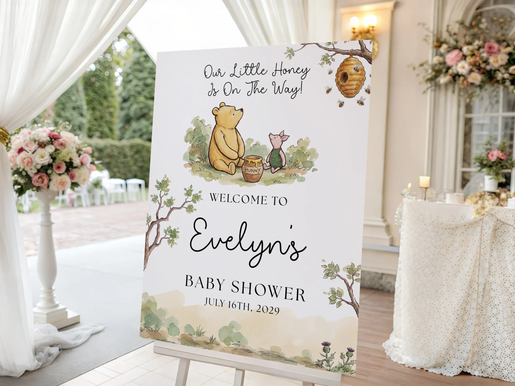 Winnie Beige Baby Shower Welcome Sign Canva Template detail 2