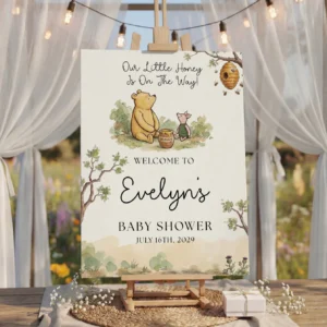 Winnie Beige Baby Shower Welcome Sign Canva Template preview