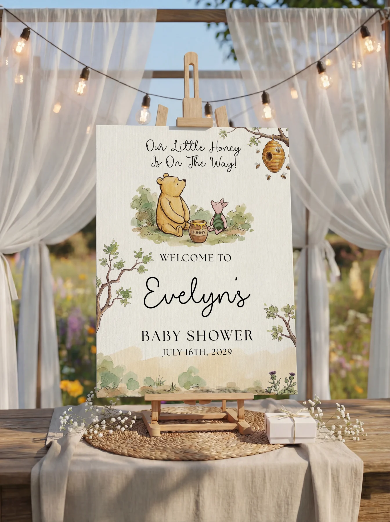 Winnie Beige Baby Shower Welcome Sign Canva Template preview