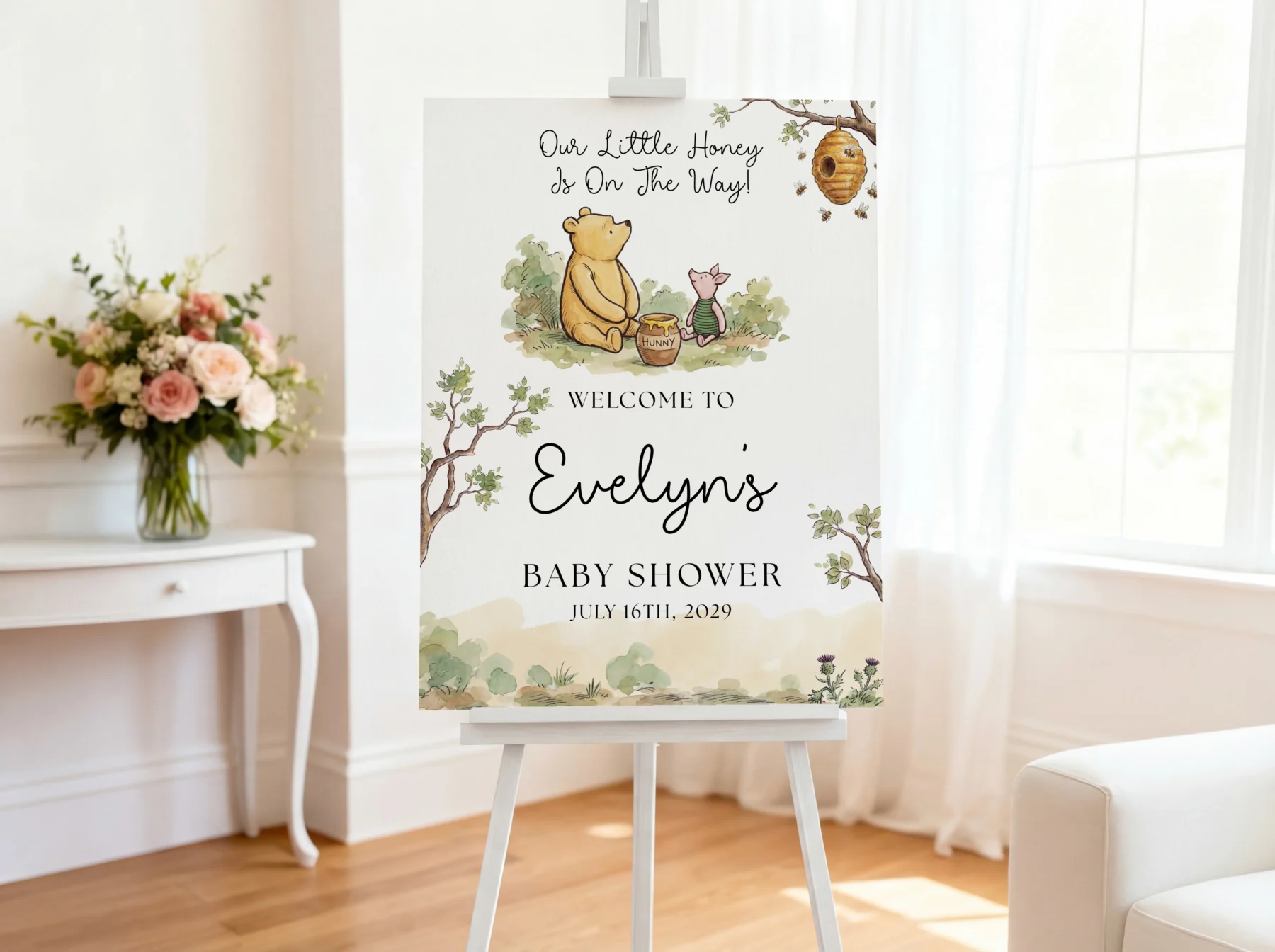 Winnie Beige Baby Shower Welcome Sign Canva Template detail 3