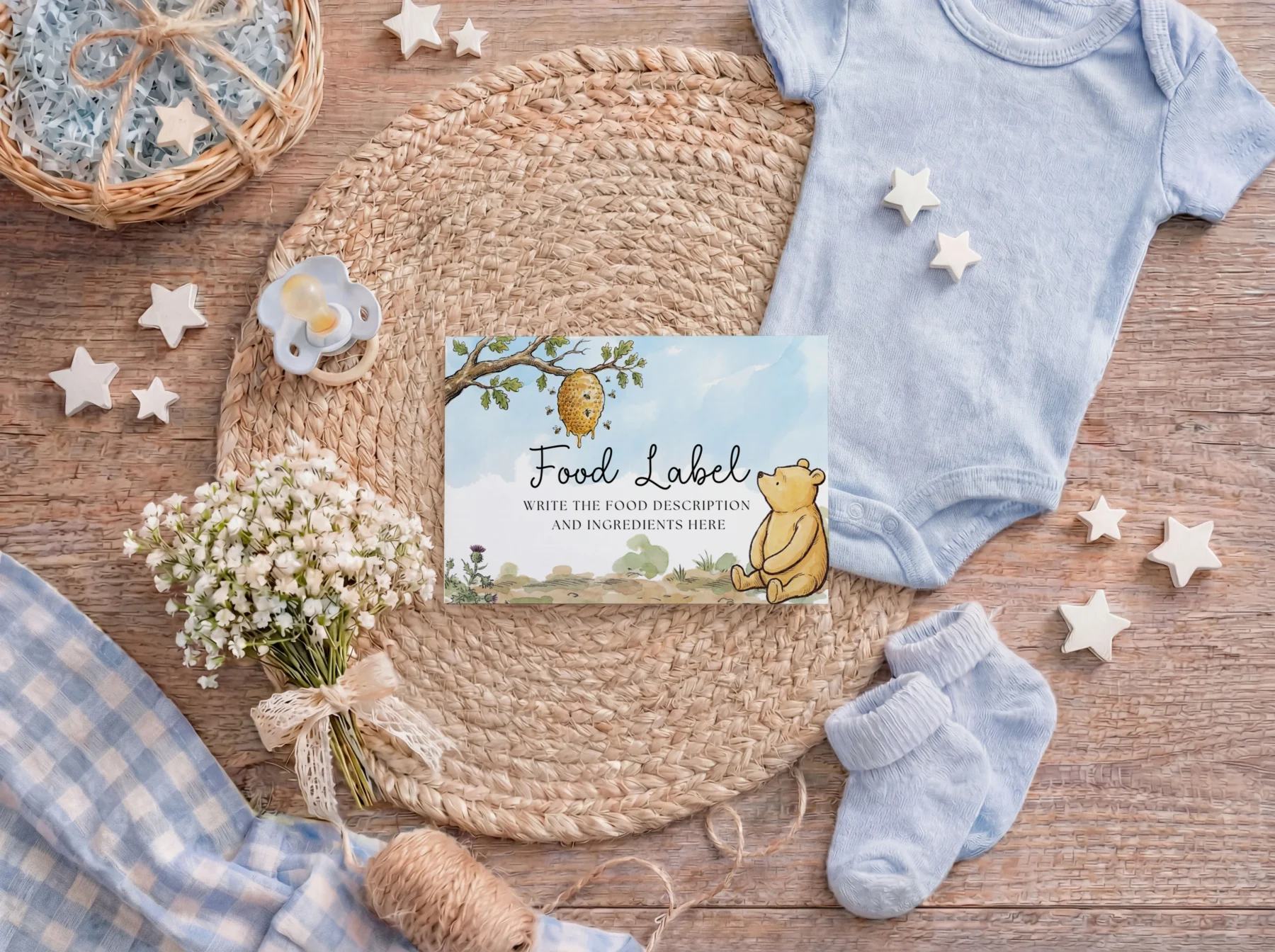 Winnie the Poon Blue Baby Shower Food Label Canva Template detail 3