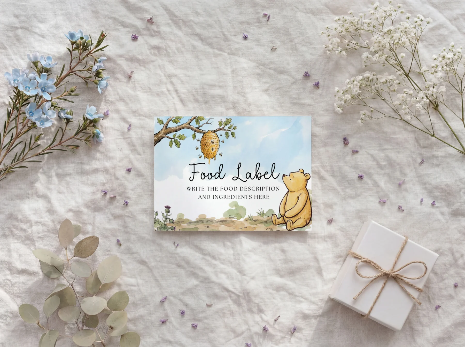 Winnie the Poon Blue Baby Shower Food Label Canva Template detail 2