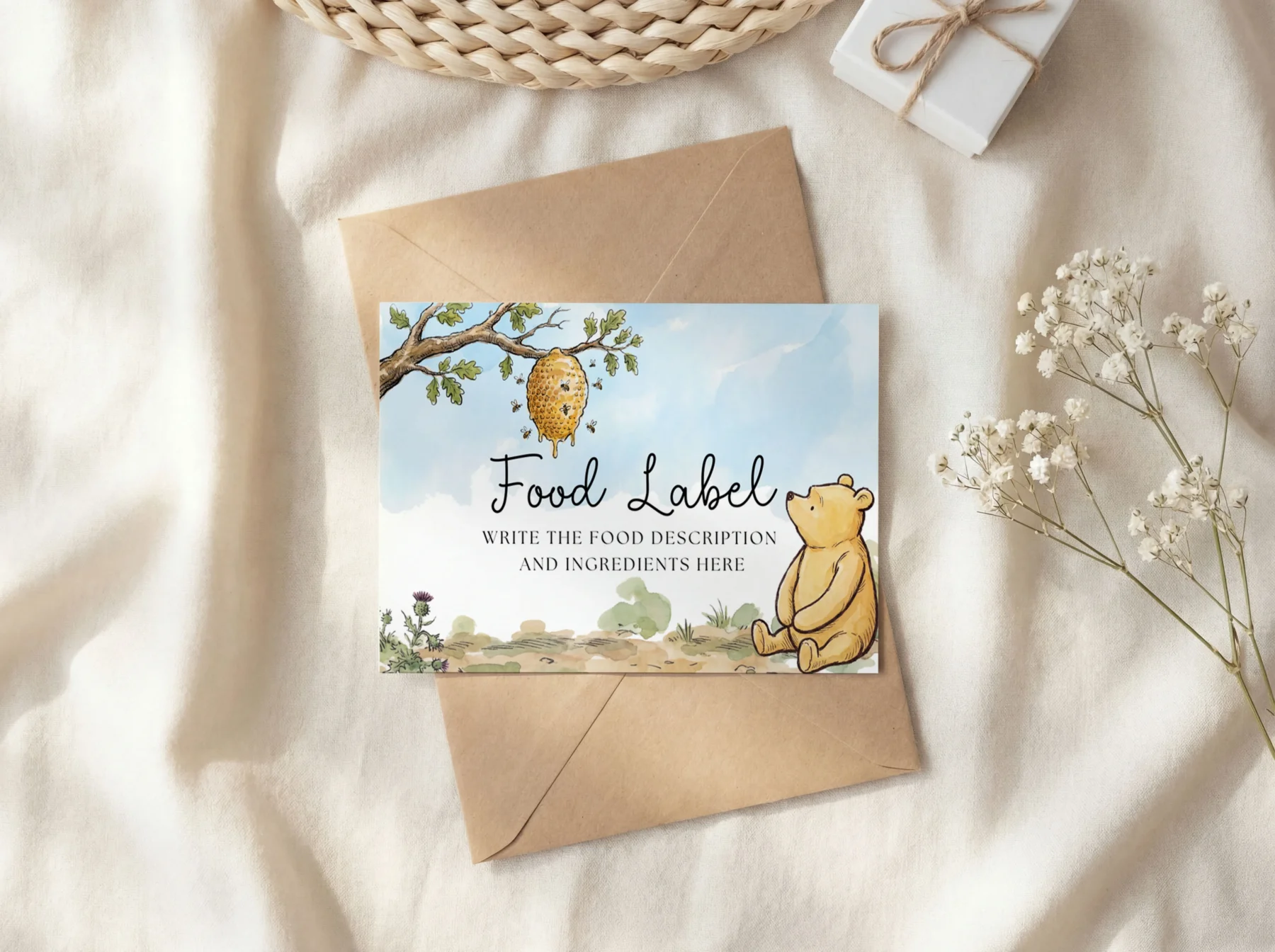 Winnie the Poon Blue Baby Shower Food Label Canva Template detail 4