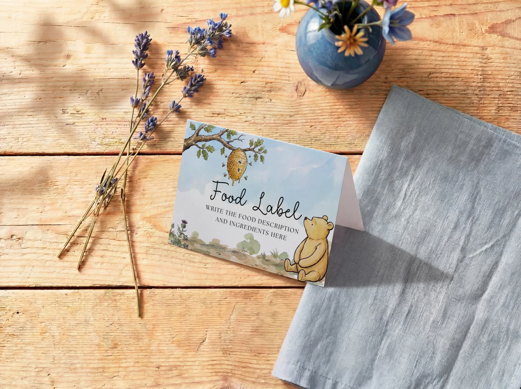 Winnie the Poon Blue Baby Shower Food Label Canva Template detail 5