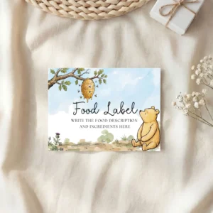 Winnie the Poon Blue Baby Shower Food Label Canva Template preview
