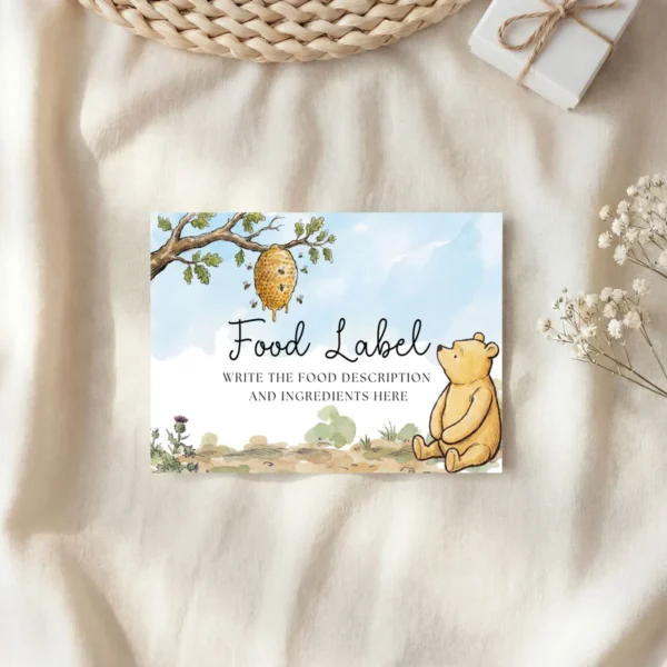 Winnie the Poon Blue Baby Shower Food Label Canva Template preview