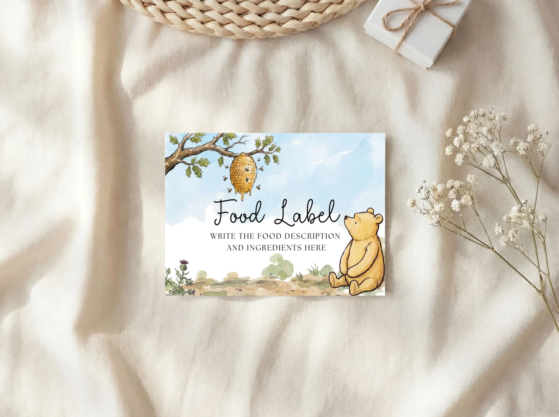 Winnie the Poon Blue Baby Shower Food Label Canva Template preview