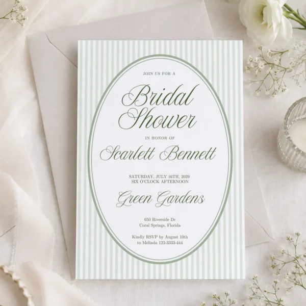 Green Stripes Bridal Shower Invitation Canva Template preview