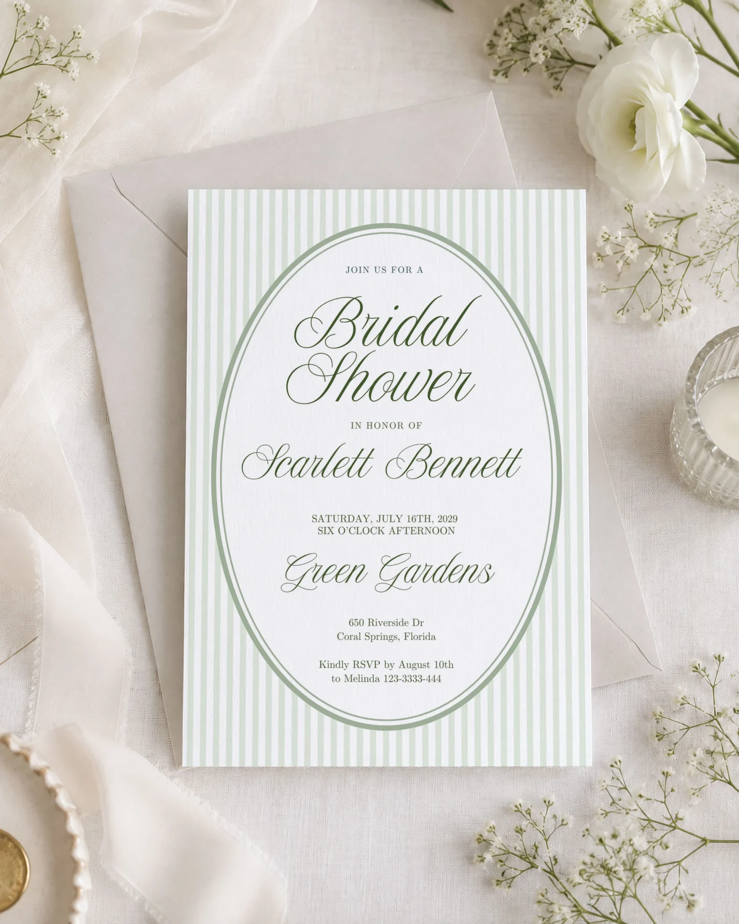Green Stripes Bridal Shower Invitation Canva Template preview