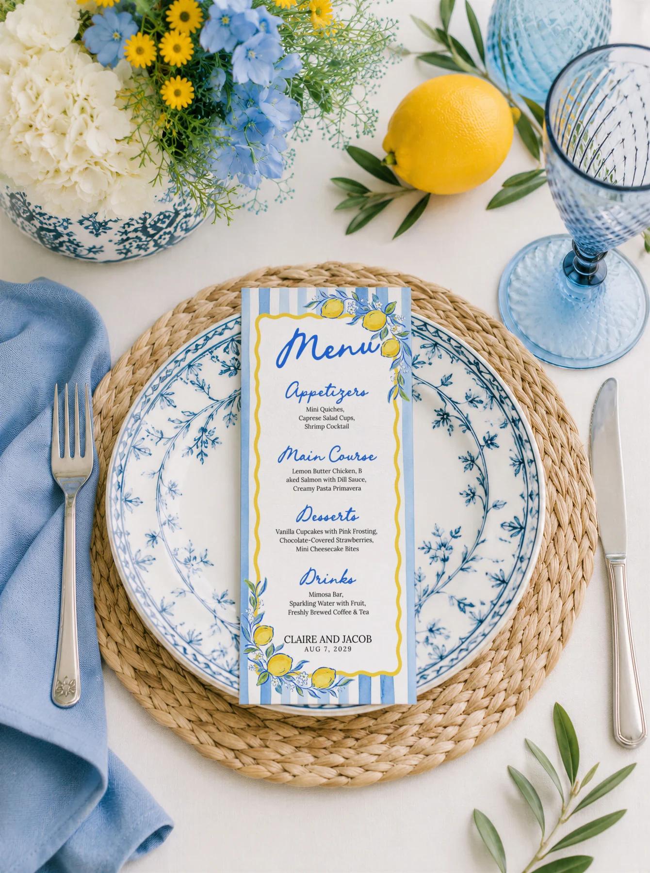 Lemon Blue Bridal Shower Menu Canva Template detail 3
