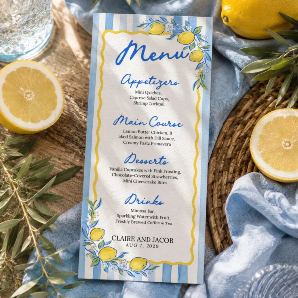 Lemon Blue Bridal Shower Menu Canva Template preview