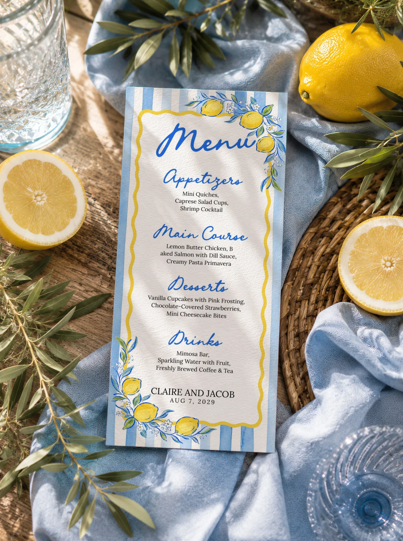 Lemon Blue Bridal Shower Menu Canva Template preview