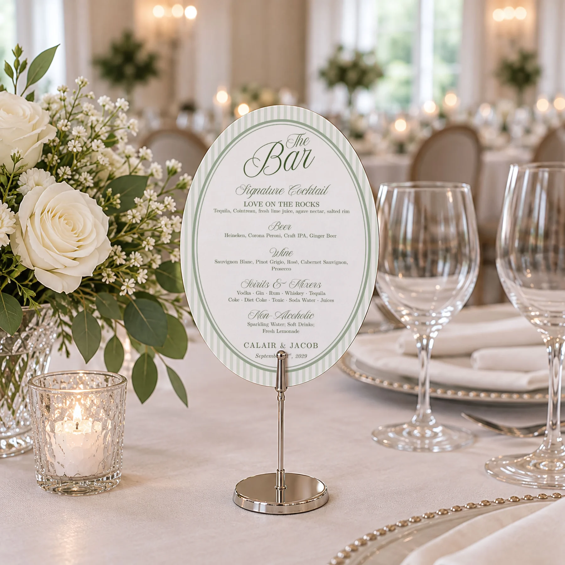 Green Stripes Wedding Bar Menu Sign Canva Template preview