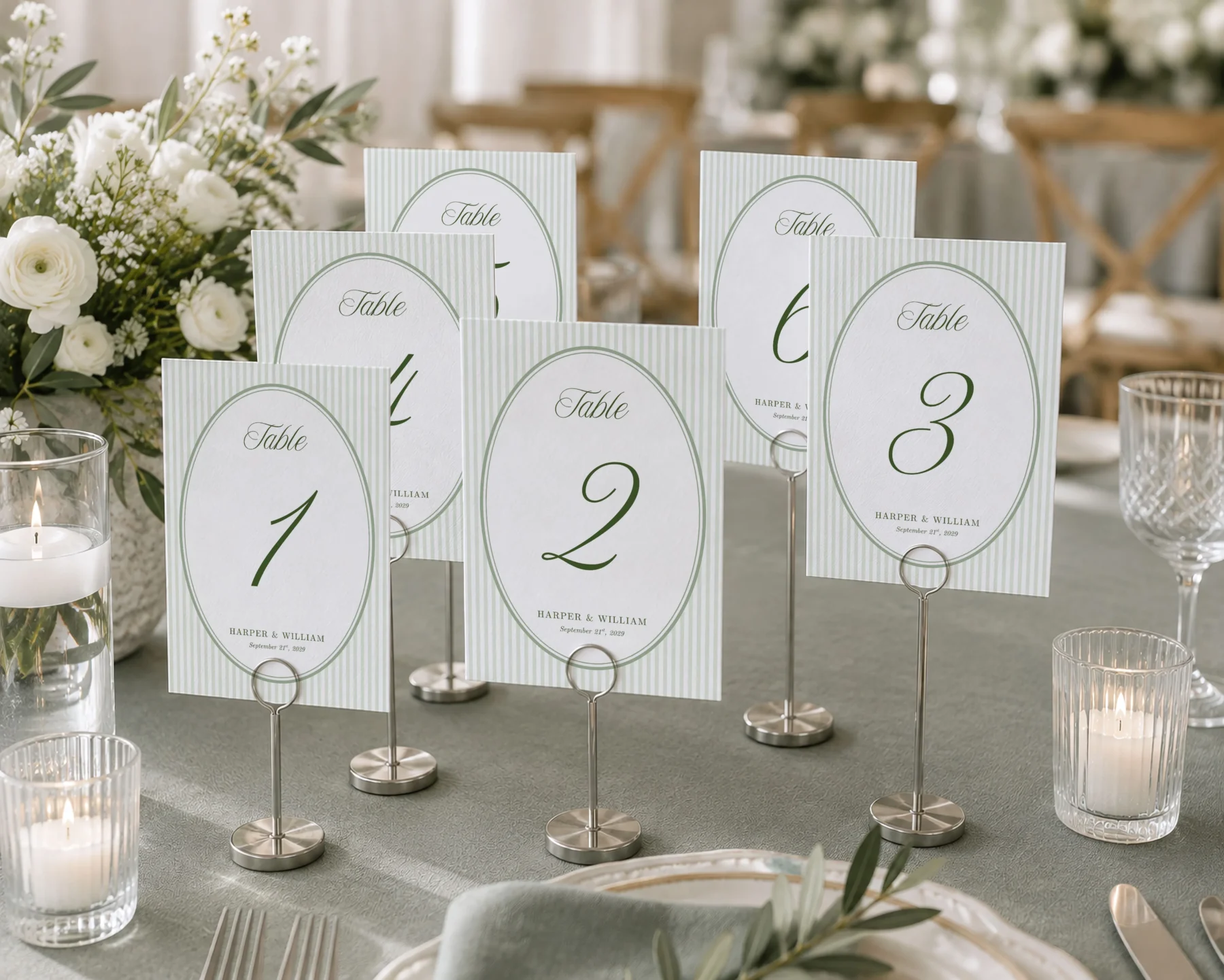 Green Stripes Wedding Table Numbers Canva Template preview
