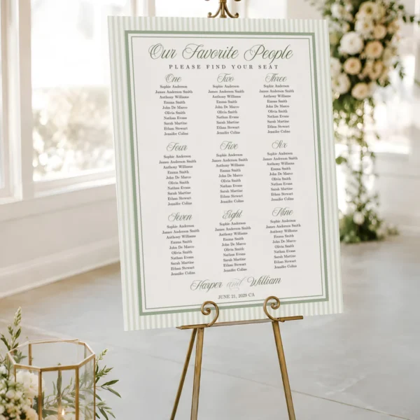 Green Stripes Wedding Seating Chart Canva Template preview