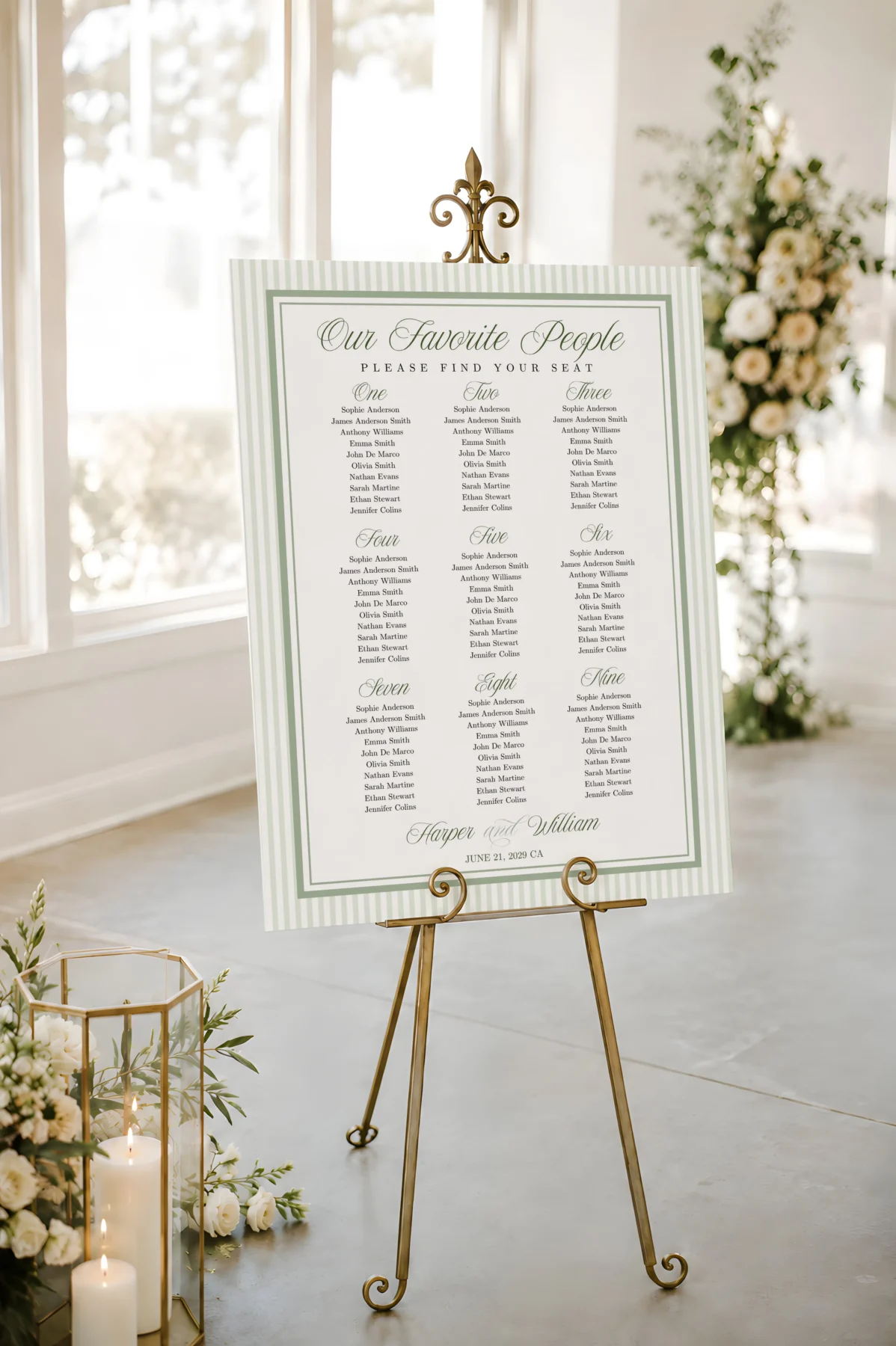 Green Stripes Wedding Seating Chart Canva Template preview