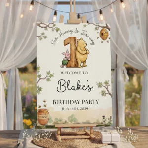 Winnie Beige Birthday Welcome Sign Canva Template preview