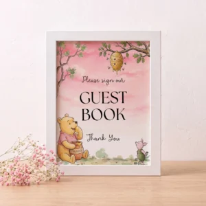 Winnie Pink Baby Shower Sign Canva Template preview