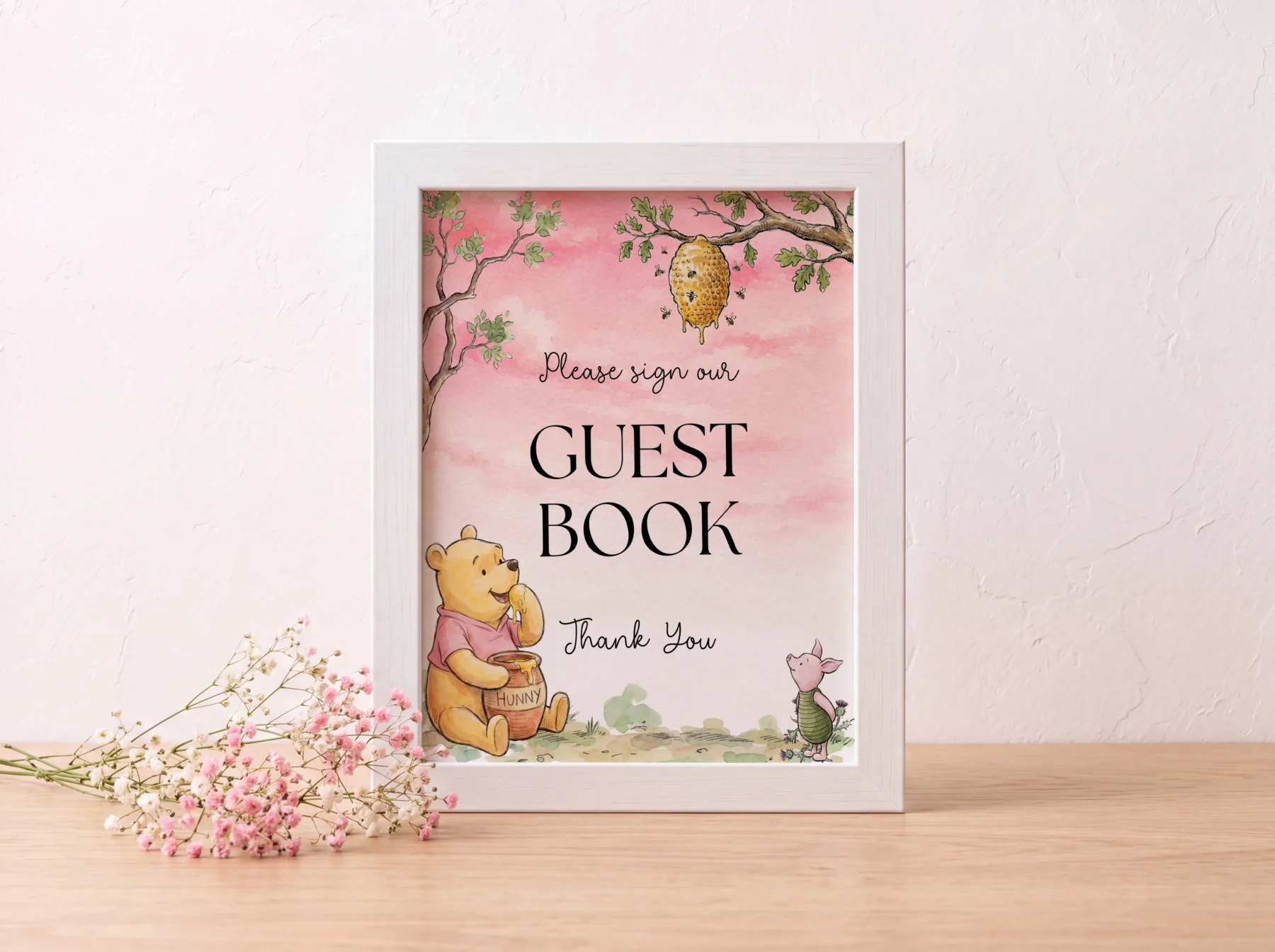 Winnie Pink Baby Shower Sign Canva Template preview