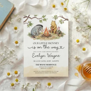 Winnie Beige Baby Shower Invitation Canva Template preview