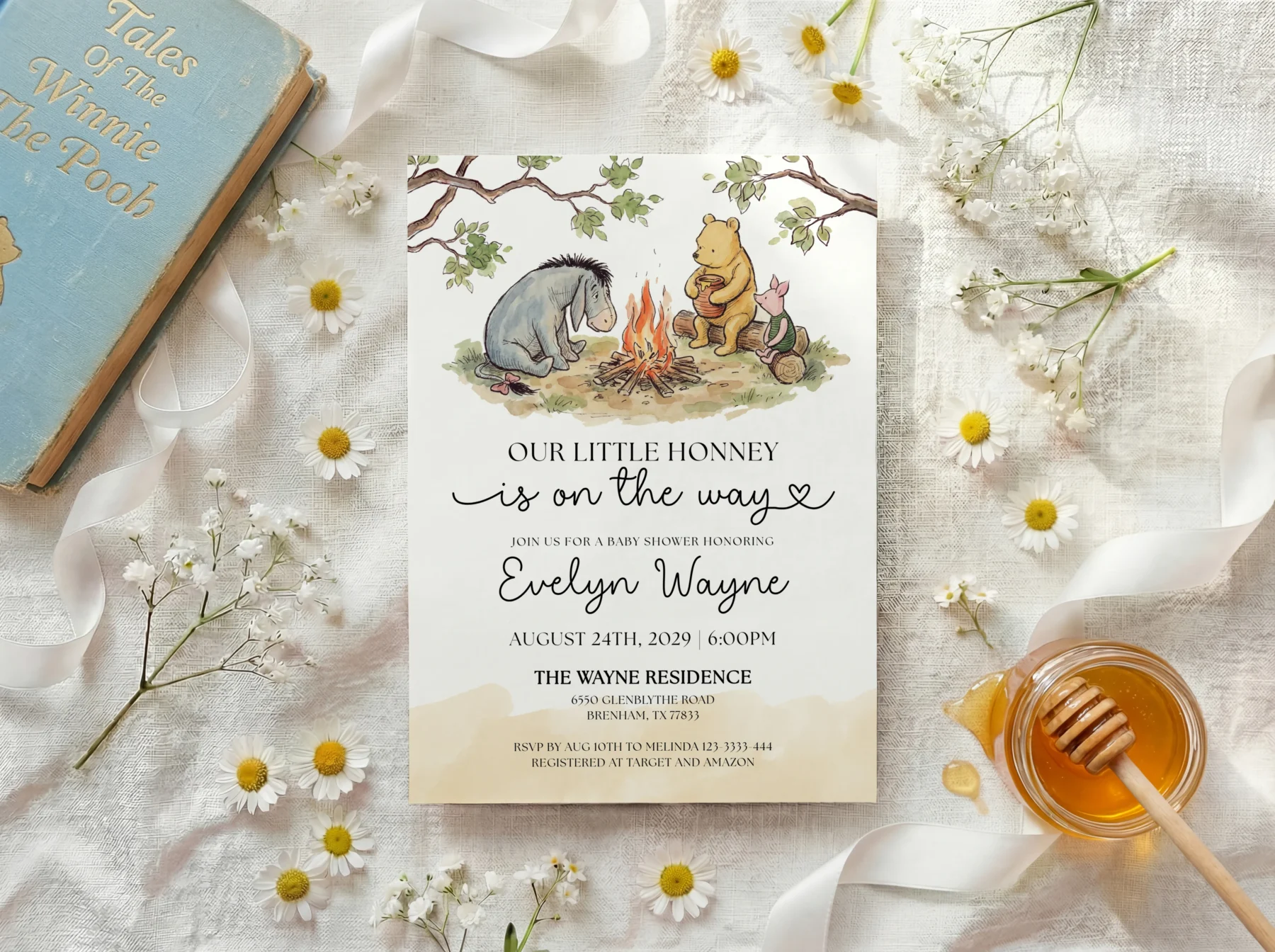 Winnie Beige Baby Shower Invitation Canva Template preview