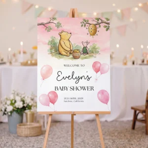 Winnie Pink Baby Shower Welcome Sign Canva Template preview