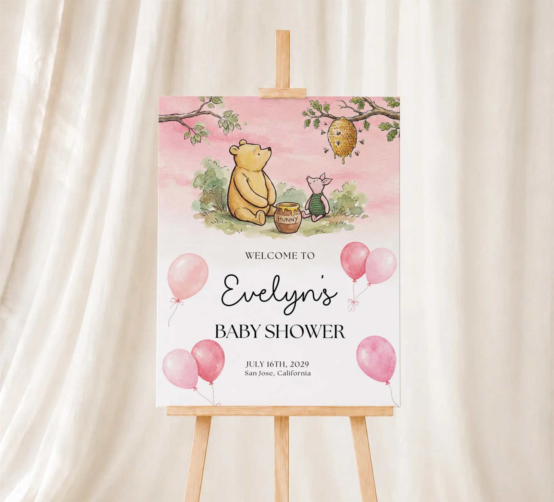 Winnie Pink Baby Shower Welcome Sign Canva Template detail 4