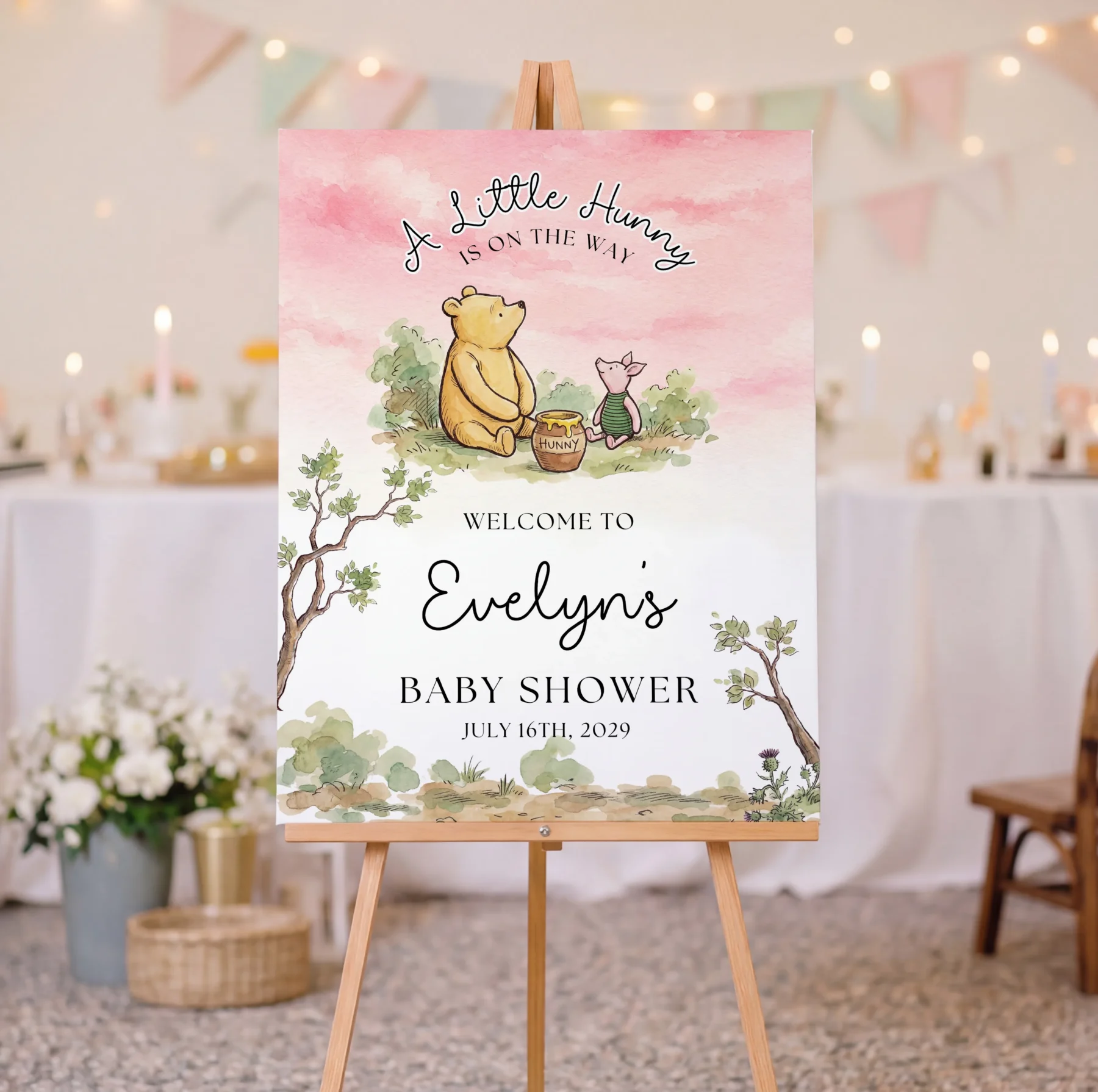 Winnie Pink Baby Shower Welcome Sign Canva Template detail 2