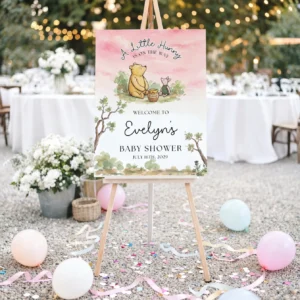 Winnie Pink Baby Shower Welcome Sign Canva Template preview