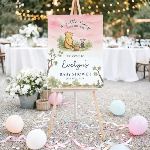 Winnie Pink Baby Shower Welcome Sign Canva Template preview