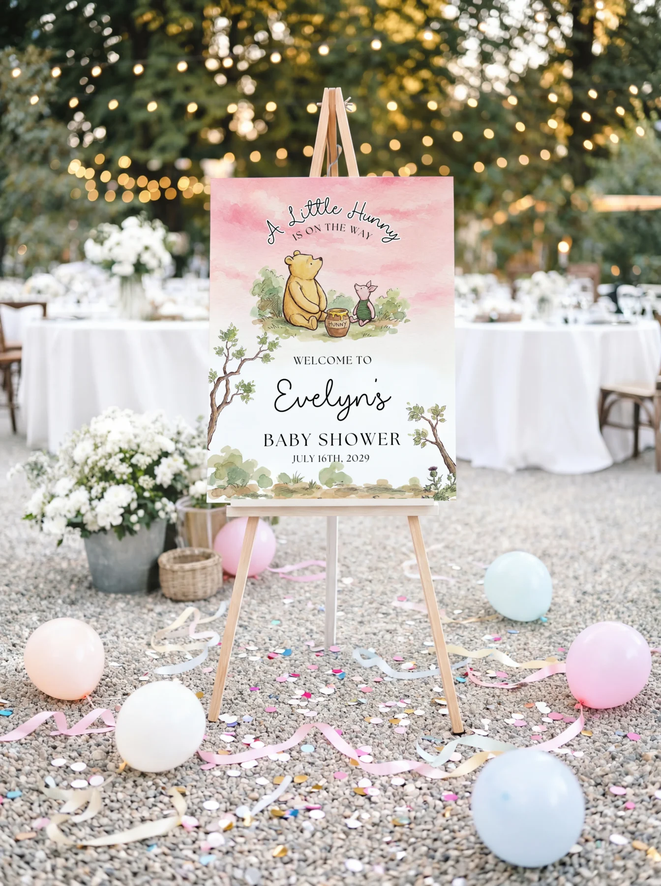 Winnie Pink Baby Shower Welcome Sign Canva Template preview