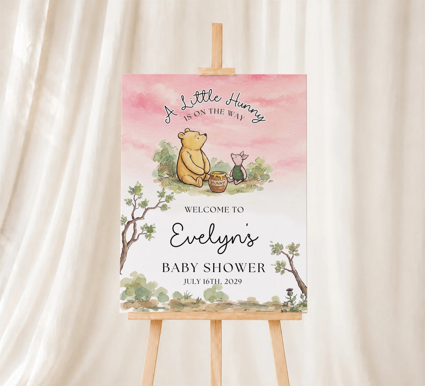 Winnie Pink Baby Shower Welcome Sign Canva Template detail 4