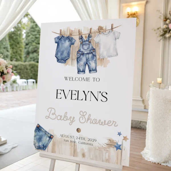 Blue Jean Baby Shower Welcome Sign Canva Template preview