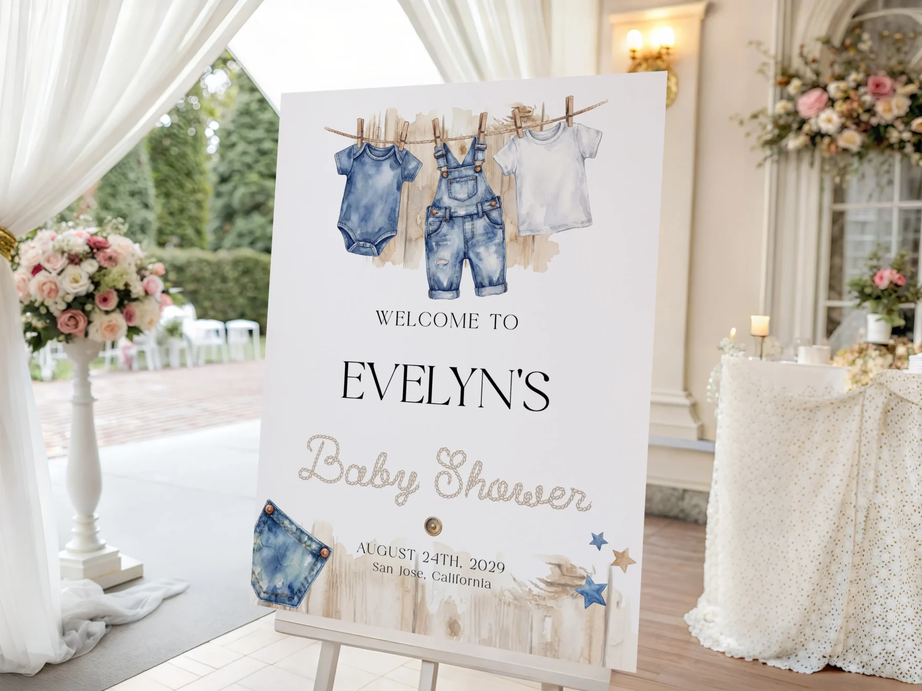Blue Jean Baby Shower Welcome Sign Canva Template preview