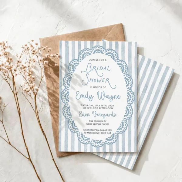 Blue Lace bridal SHower Bridal Shower Invitation Canva Template preview