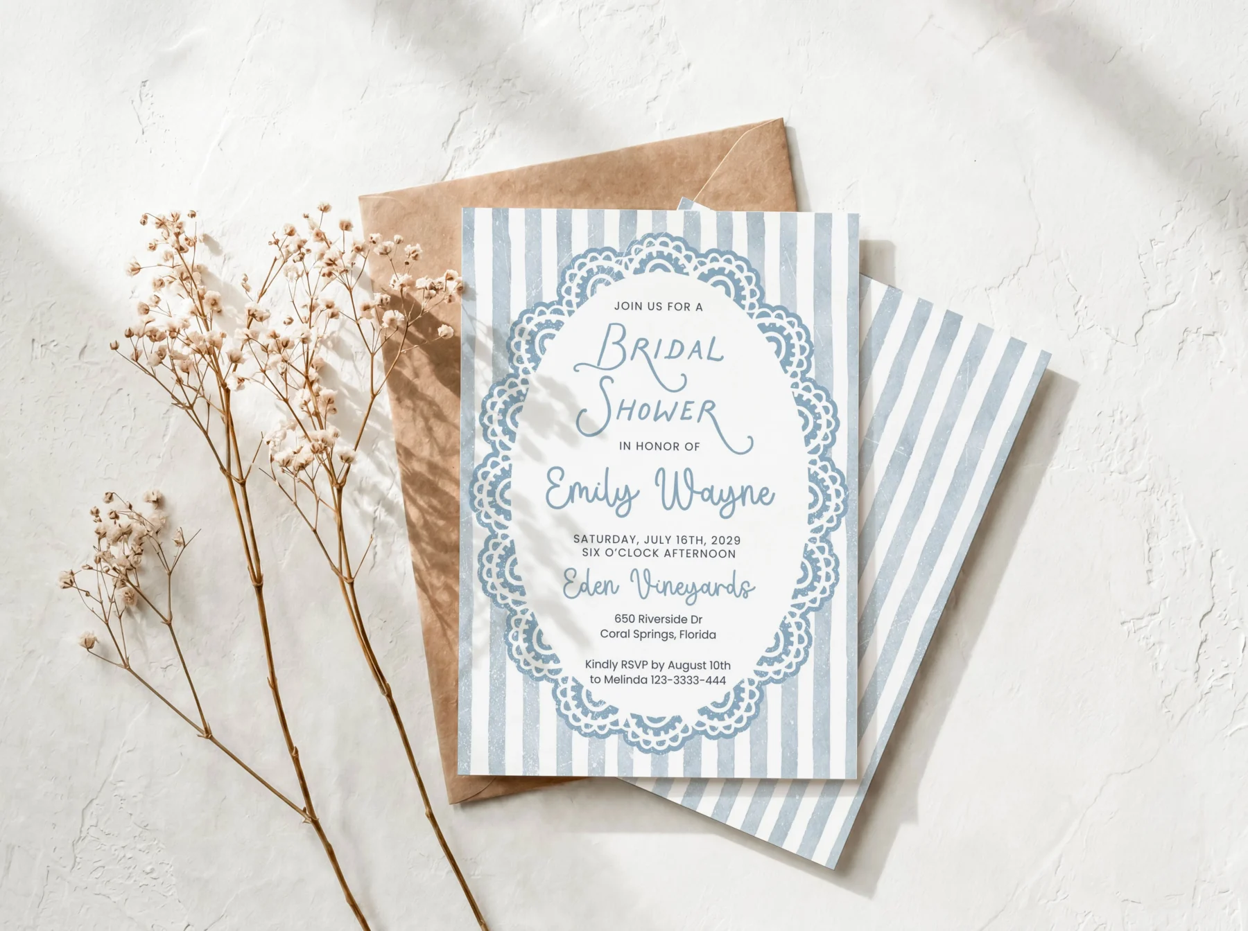 Blue Lace bridal SHower Bridal Shower Invitation Canva Template preview