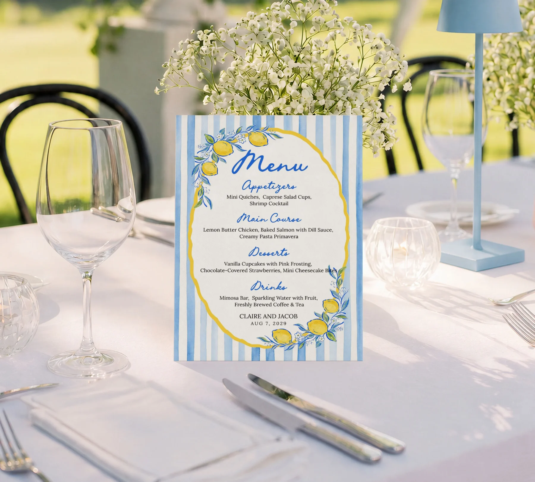 Lemon Blue Bridal Shower Menu Canva Template detail 3