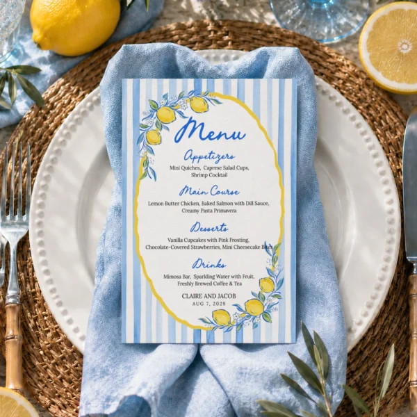 Lemon Blue Bridal Shower Menu Canva Template preview