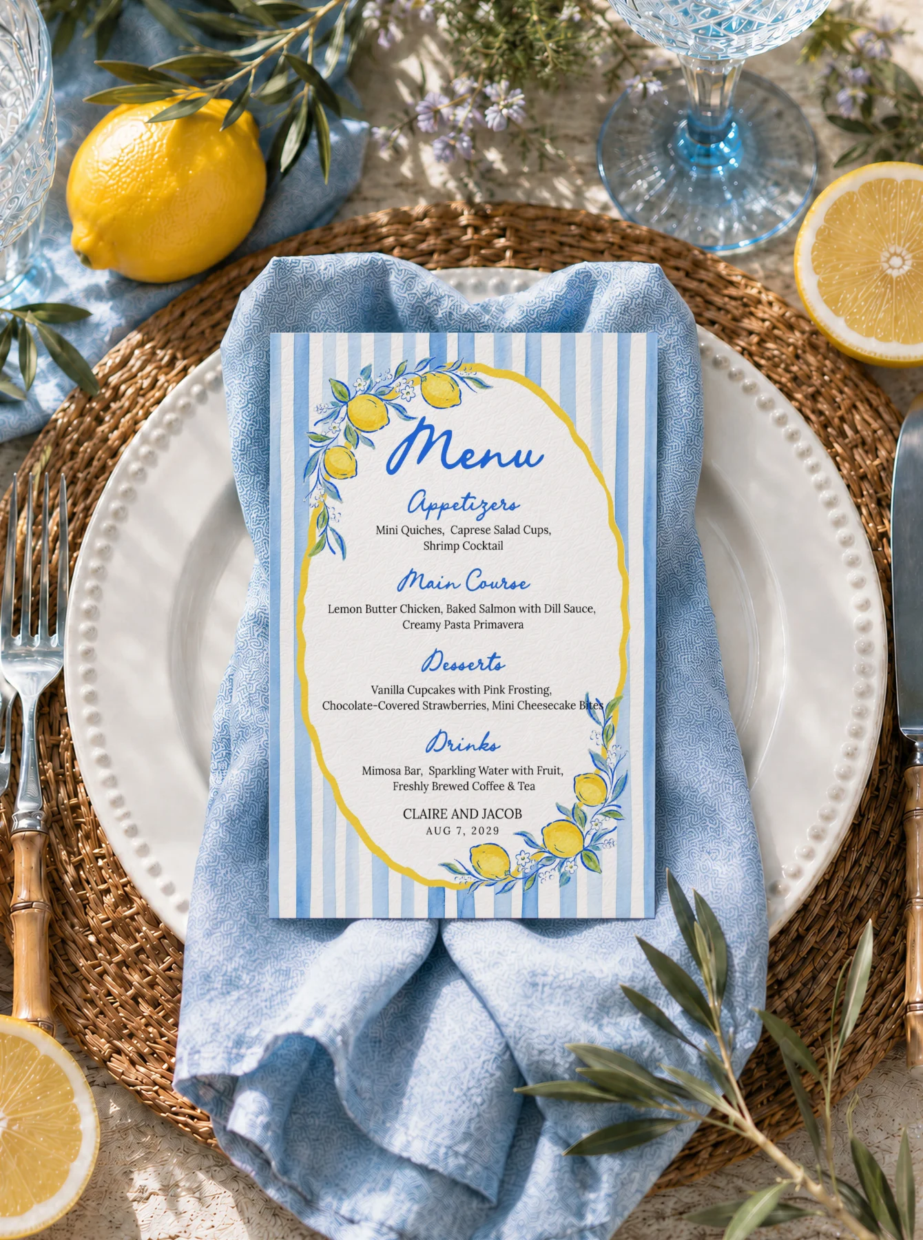Lemon Blue Bridal Shower Menu Canva Template preview