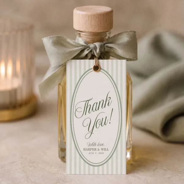 Green Stripes Wedding Favor Tag Canva Template preview