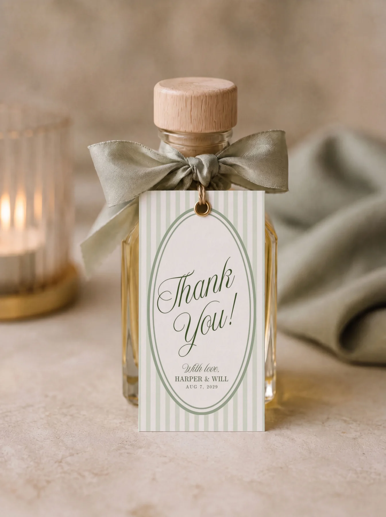 Green Stripes Wedding Favor Tag Canva Template preview