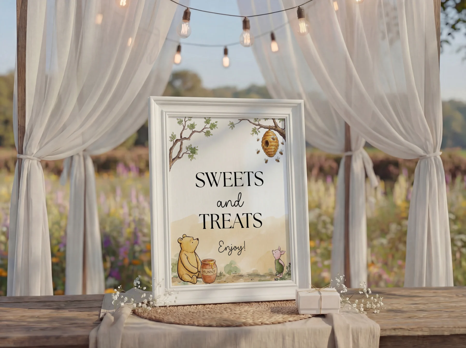 Winnie Beige Baby Shower Sign Canva Template preview