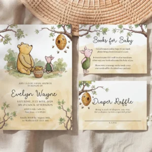 Winnie Beige Baby Shower Invitation Set Canva Template preview