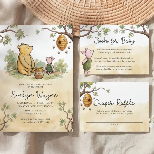Winnie Beige Baby Shower Invitation Set Canva Template preview